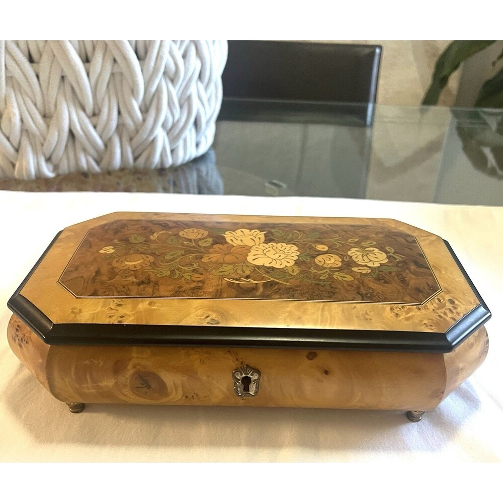 VTG Reuge Swiss Music Jewelry Box 36 Note Vivaldi The Four Seasons Burl Wood 11”